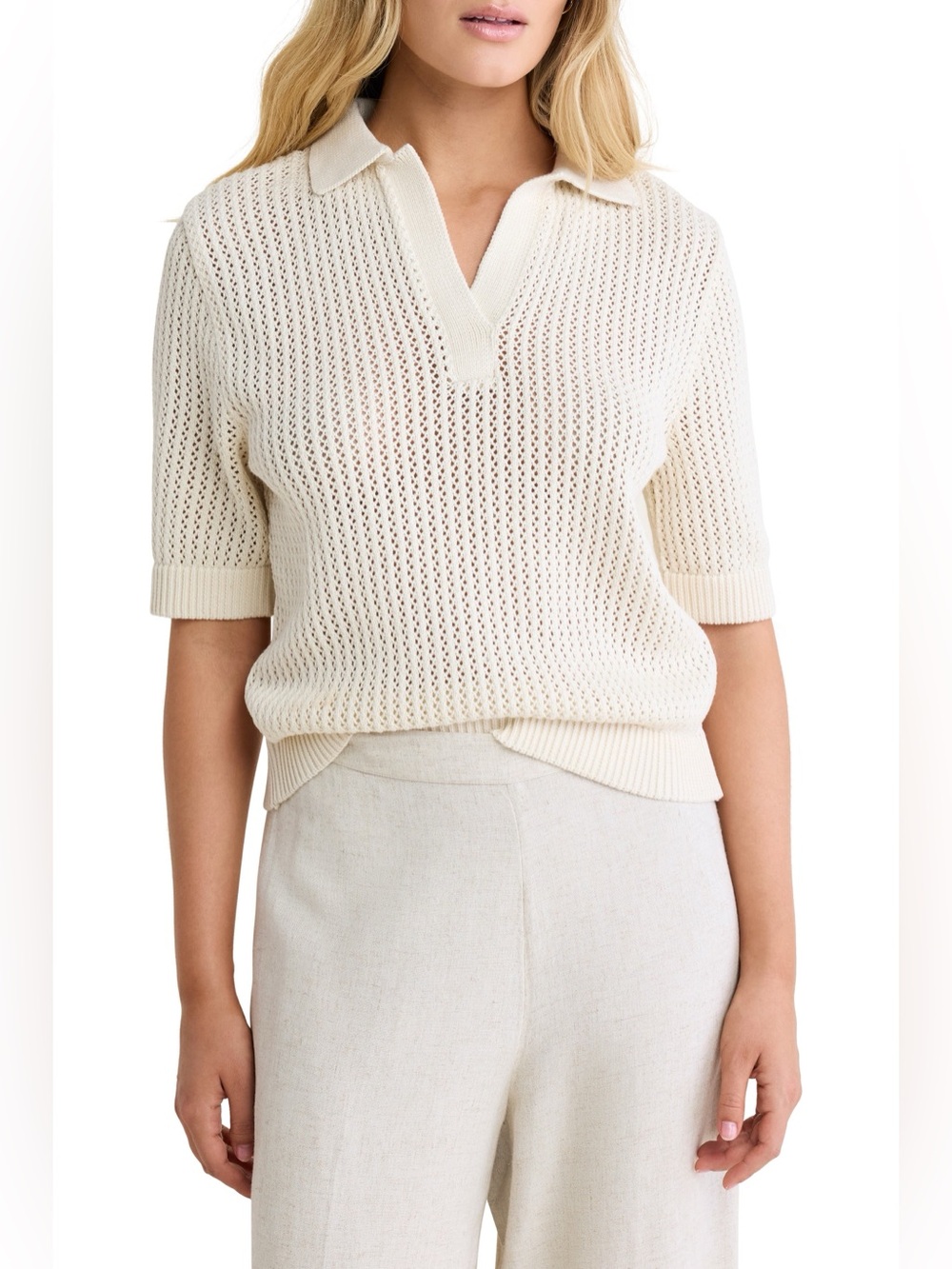 Women's Short Sleeve Knit Polo Top - Cream